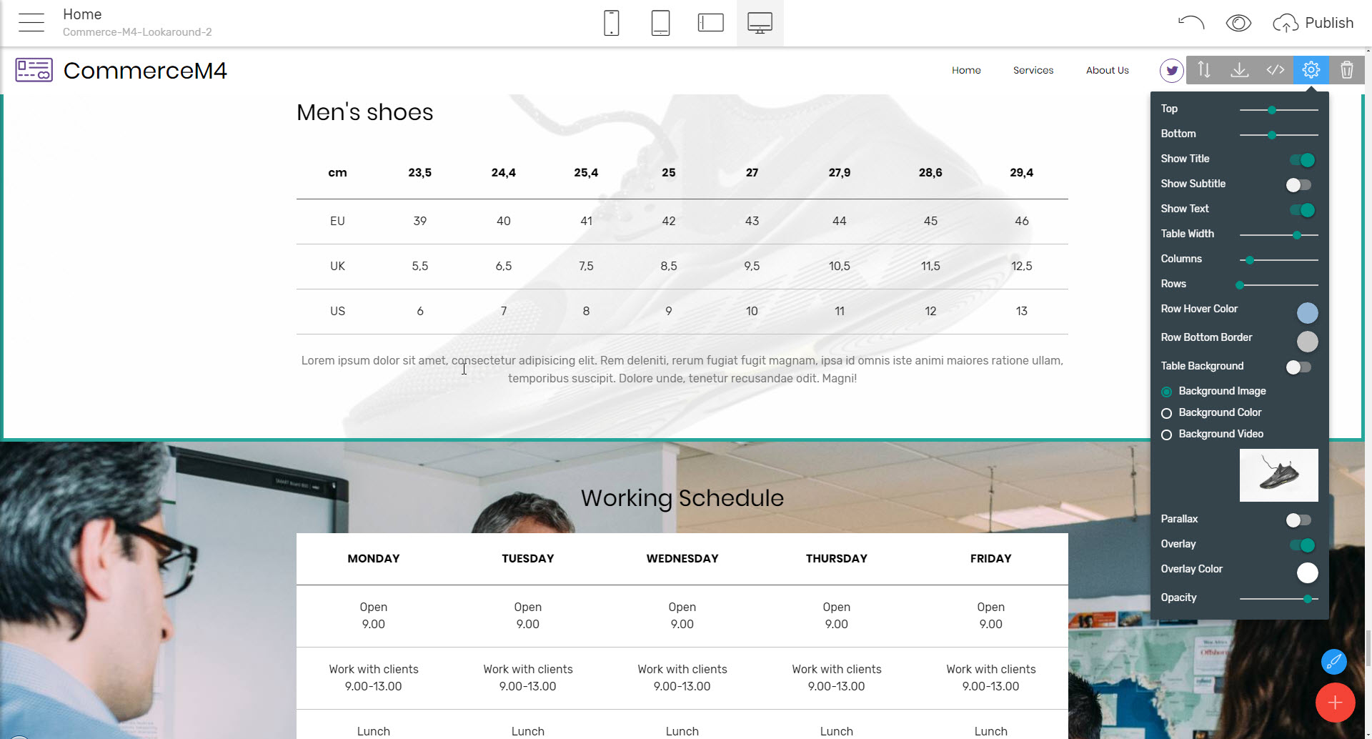 online shopping HTML template - sizing tables