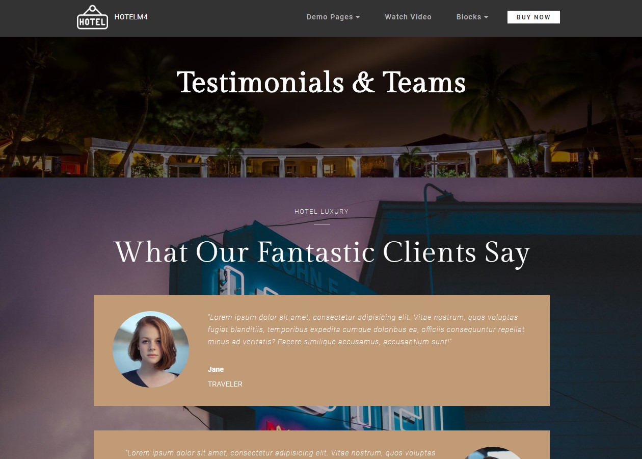 Testimonials and Teams Theme for Hotel Website
